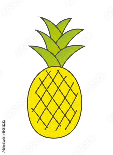 colorful drawn ripe yellow pineapple with green leaves.
