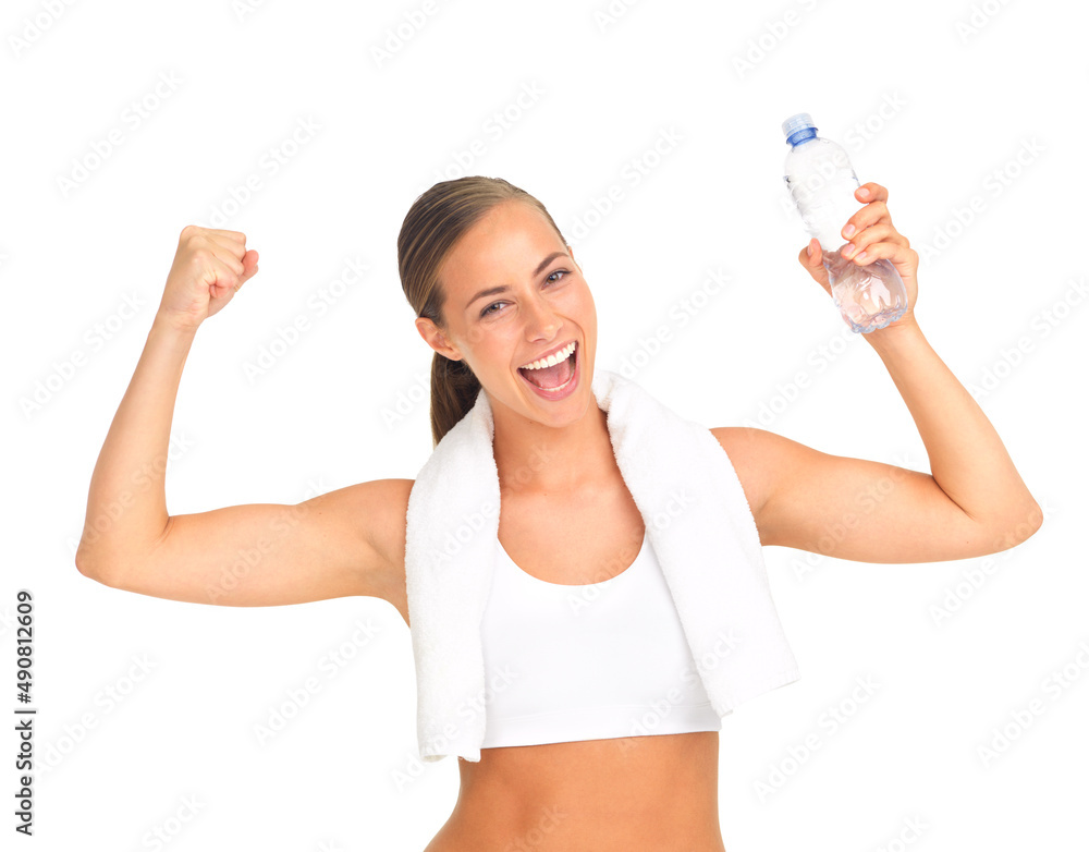 Shes positive about her healthy lifestyle. Studio portrait of a sporty young woman isolated on white. Shes positive about her healthy lifestyle. Studio portrait of a sporty young woman isolated on white.