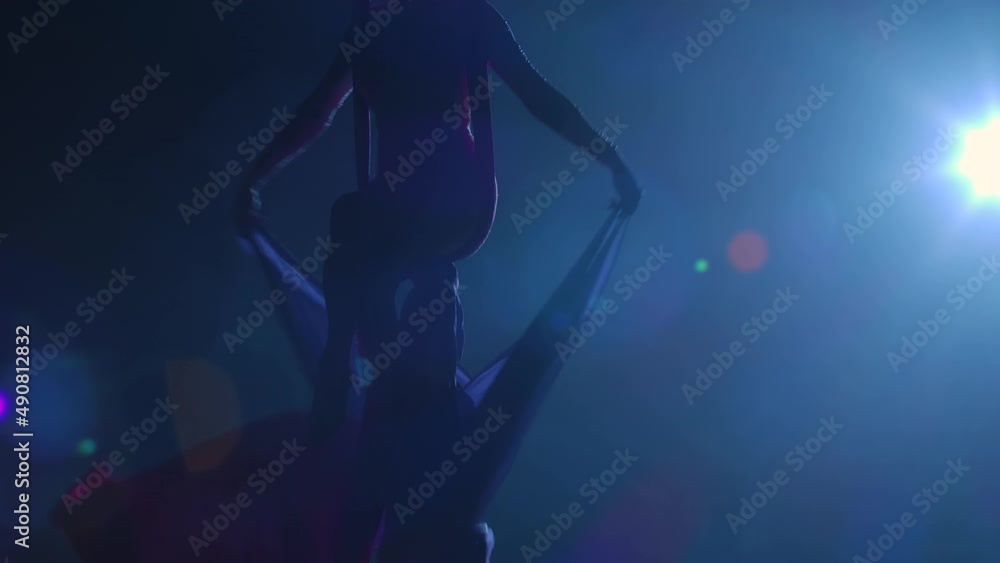 Silhouette of aerial circus gymnast performing on aerial silk and waving canvas like wings. Beautiful circus show performed by young woman acrobat on black background with blue backlight. Slow motion. Silhouette of aerial circus gymnast performing on aerial silk and waving canvas like wings. Beautiful circus show performed by young woman acrobat on black background with blue backlight. Slow motion.