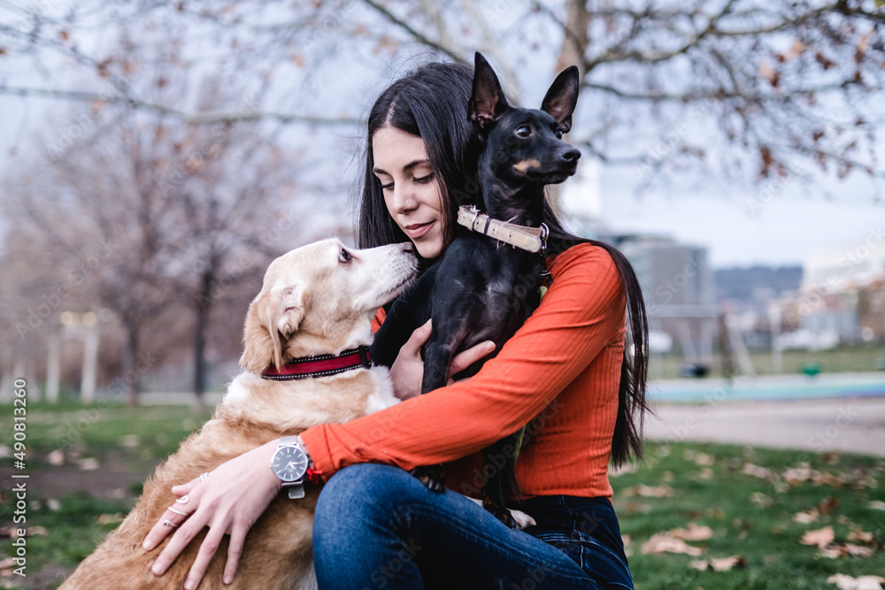 Woman enjoying the day outdoors in the park with her dogs. Woman enjoying the day outdoors in the park with her dogs.