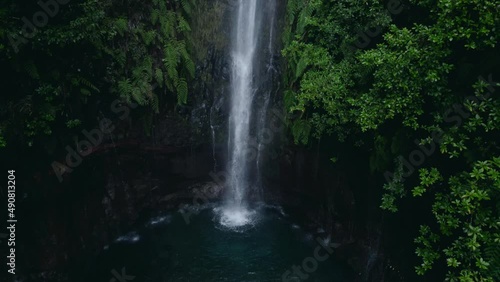 Beautiful waterfall in green forest, top view. Tropical in mountain jungle. Waterfall in the tropical forest. Big Small in 4k 30 FPS