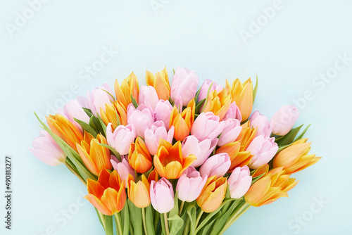 Bouquet of pink and orange tulips on blue background. Mothers Day, Valentines Day, birthday concept