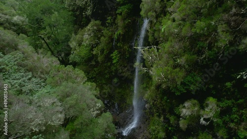 Beautiful waterfall in green forest, top view. Tropical in mountain jungle. Waterfall in the tropical forest. Big Small in 4k 30 FPS