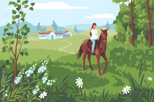 Girl horseback riding bay horse in nature