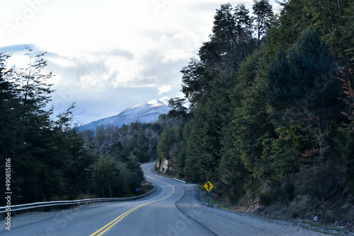 Viaje en carretera con paisaje de montaña nevada y bosque tupido.
