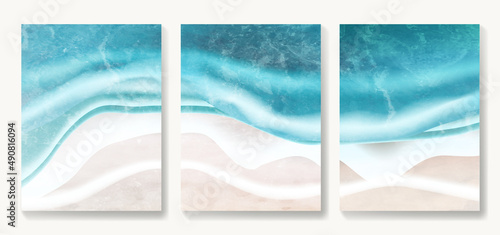Art background with beach and blue ocean, waves and splashes for decoration, wallpaper design