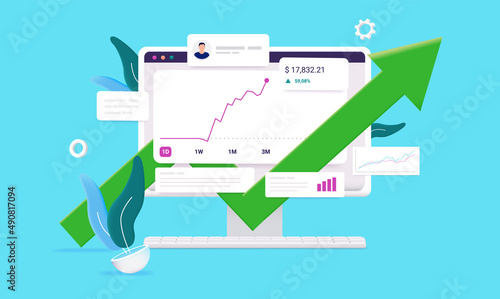 Stock market trading success - Desktop computer screen with rising chart showing profits and market going up. Vector illustration with blue background
