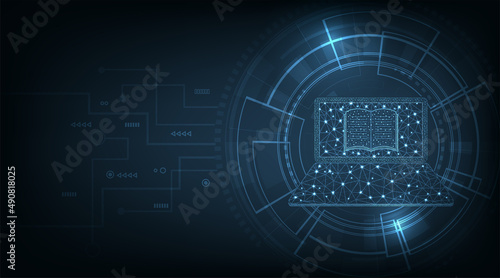 Online Courses concept.Laptop technology with book Online through laptop Screen Over dark blue background.E-learning concept.Vector Illustration.