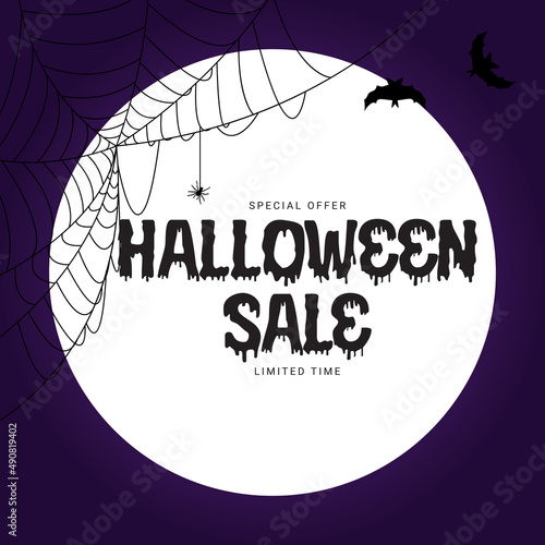 Happy Halloween, Shop Now poster Template on blue Background with bat and spi...