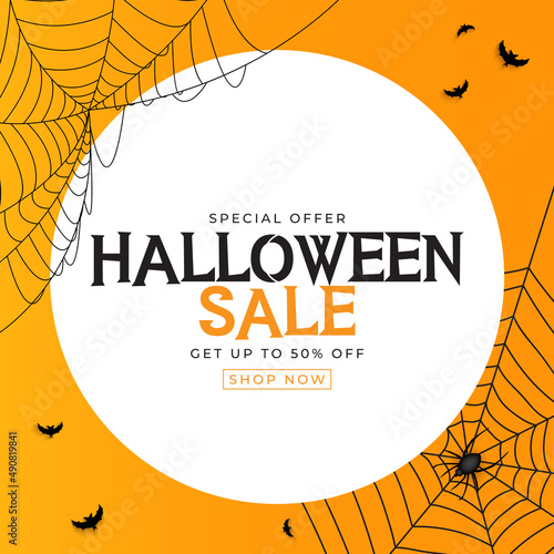 Orange Halloween sale poster with bat and spider. Illustration