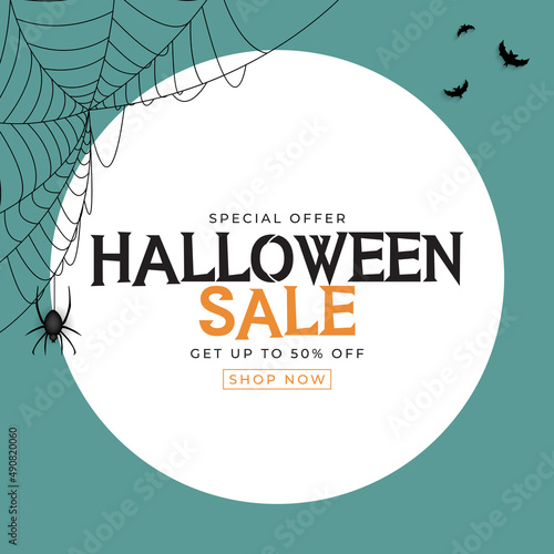 Blue Halloween sale poster with bat and spider. Illustration