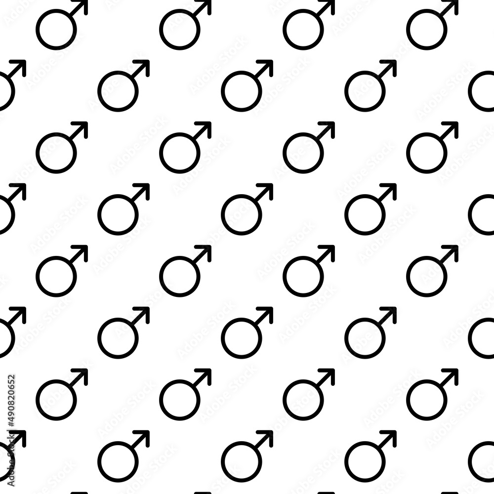 Black Male sign. Circle with an arrow. Belonging to the masculine gender. Seamless pattern. Illustration.