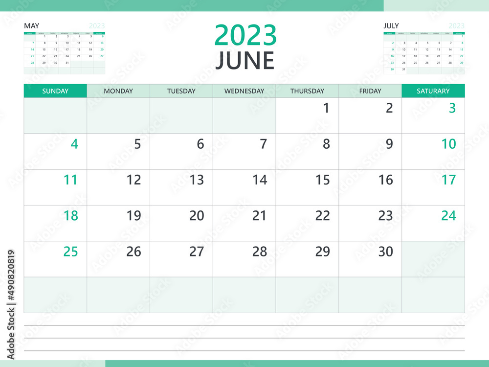 Calendar 2023 template vector on green background, June 2023 template,  Planner, week start on Sunday, Desk calendar 2023 design, minimal wall  calendar, Corporate planner template vector Stock Vector | Adobe Stock