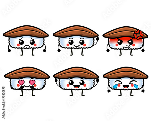 Funny unagi eel sushi characters with cute face