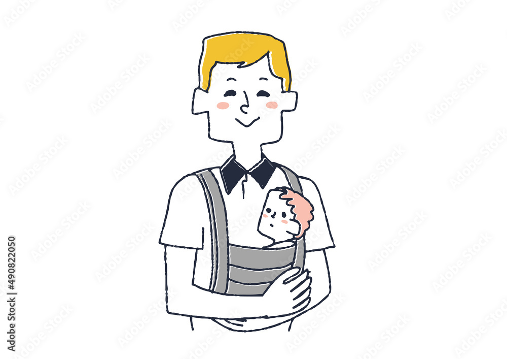 抱っこ紐を使って赤ちゃんを抱っこする男性　コミカルな手書きの人物　ベクター、線画にシンプルな色つけ　