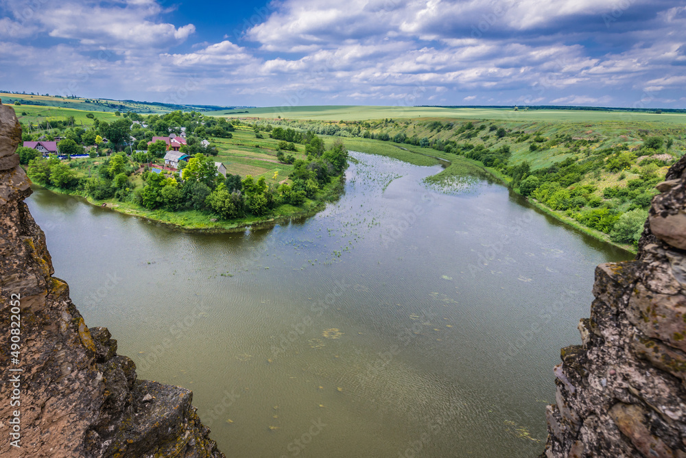 Aerial view of River Zhvanchyk in Khmelnytskyi region of Ukraine