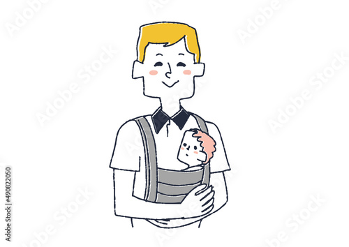 抱っこ紐を使って赤ちゃんを抱っこする男性　コミカルな手書きの人物　ベクター、線画にシンプルな色つけ　
