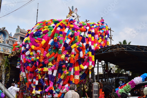 Paper garland laying ceremony for a big horse statue at the Kulamangalam Ayyanar Temple on the eve of Masimaga Thirunal (maasi magam). Pudukkottai district, Tamil Nadu in South India. photo