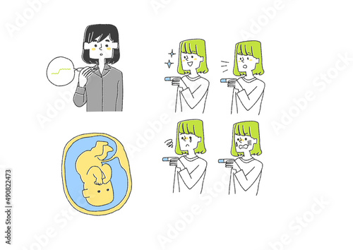 妊娠　妊活に関するイラストセット　コミカルな手書きの人物　ベクター、線画にシンプルな色つけ　