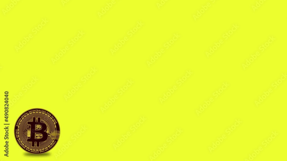 Bitcoin digital currency rolls from the right side to the left and stops there on yellow background. 3D bitcoin coin. Bitcoin digital currency rolls from the right side to the left and stops there on yellow background. 3D bitcoin coin.