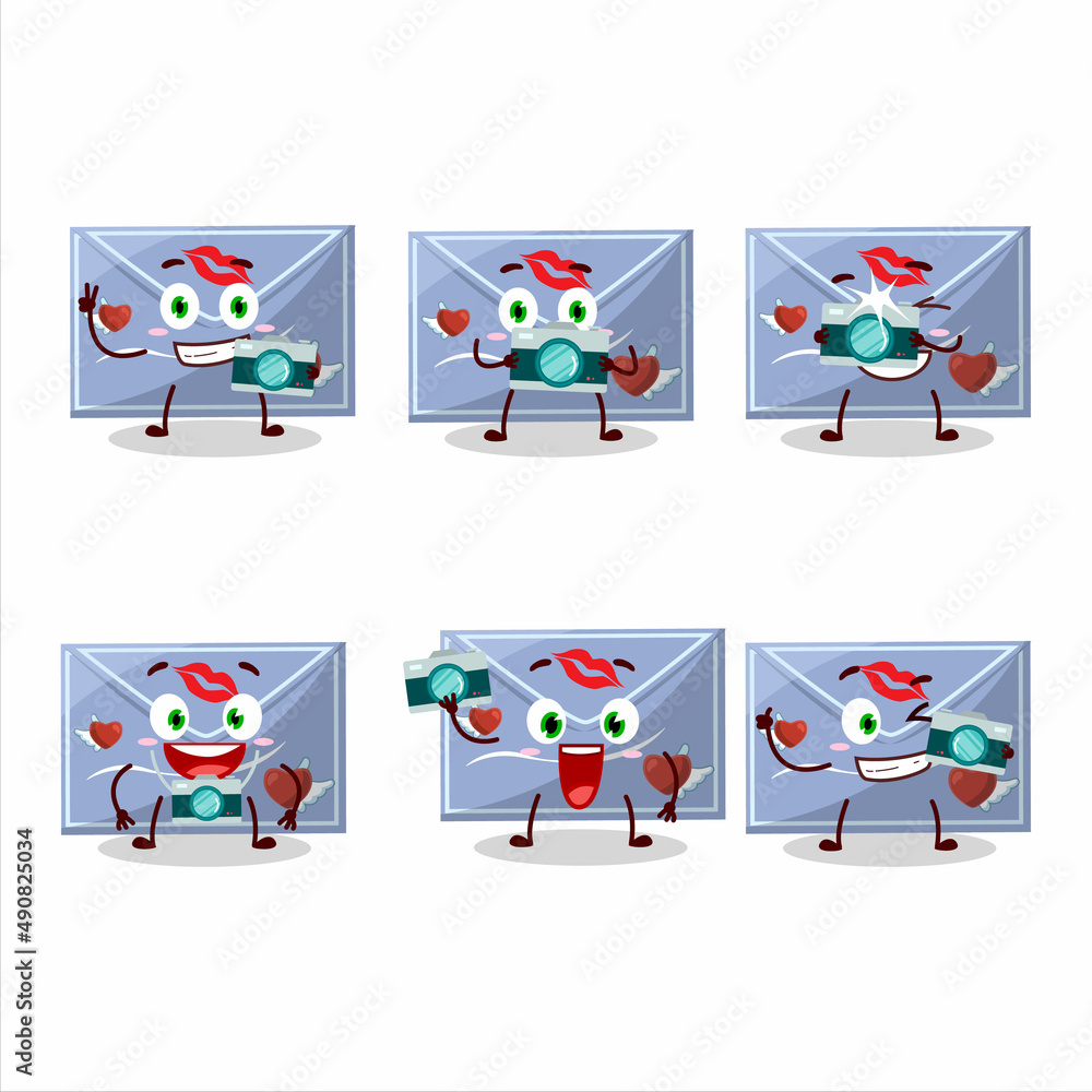 Fototapeta premium Photographer profession emoticon with blue love envelope cartoon character