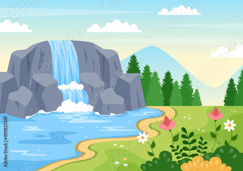 Waterfall Jungle Landscape of Tropical Natural Scenery with Cascade of Rocks  River Streams or Rocky Cliff in Flat Background Vector Illustration
