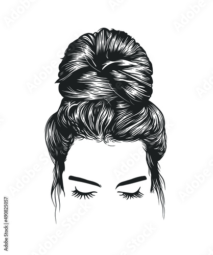Women messy bun hairstyles, vector line art illustration