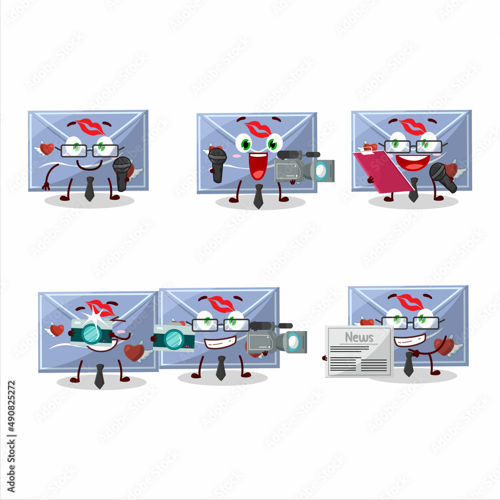 Fototapeta premium Character reporter blue love envelope cute mascot with microphone