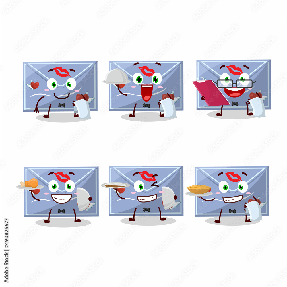 Fototapeta premium happy blue love envelope waiter cartoon character holding a plate