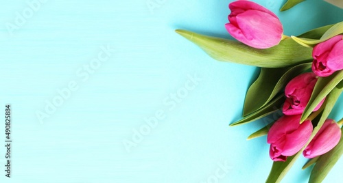 Fototapeta Naklejka Na Ścianę i Meble -  Bouquet of pink tulips on a light blue background. Spring flower arrangement. Greeting card background,