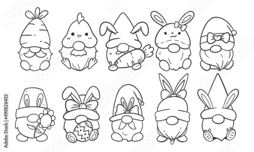 Line art cartoon Easter gnomes holding eggs decorate coloring book for kids
