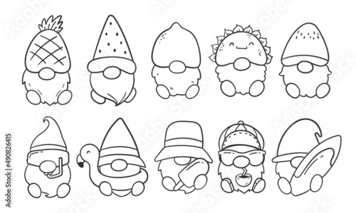 cartoon lines Summer gnomes in fruit costumes coloring book for kids