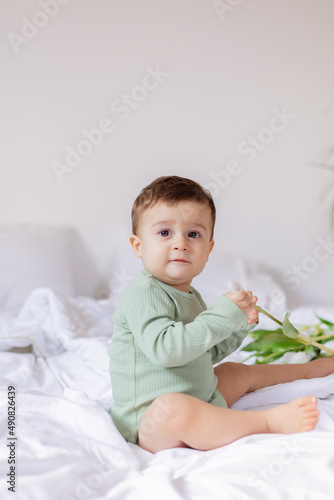 cute baby in a green cotton bodysuit is sitting on the bed and holding a white tulip in his hands