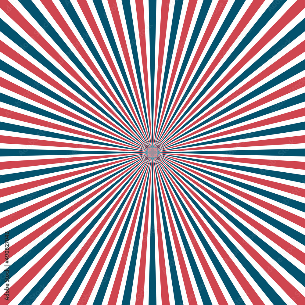 Fototapeta premium Sun rays striped background in colours of USA flag. Illustration