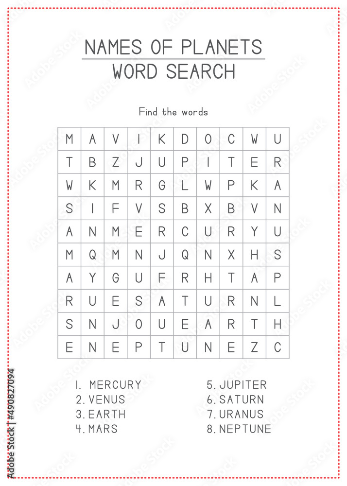 Children Learning Printable - Names of Planets Word Search Stock ベクター