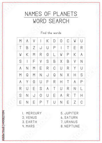 Children Learning Printable - Names of Planets Word Search