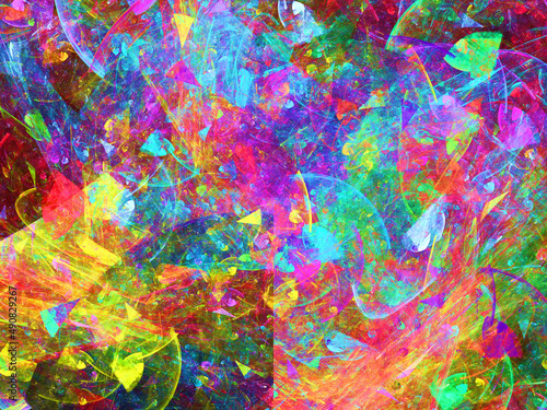 Imagen de arte psicod  lico digital compuesto de trazos coloridos desordenados y solapados en un todo que parece un paisaje ca  tico despu  s de una explosi  n.