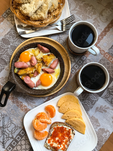 homemade breakfast on the table. healthy eating. breakfast at home. family breakfast.