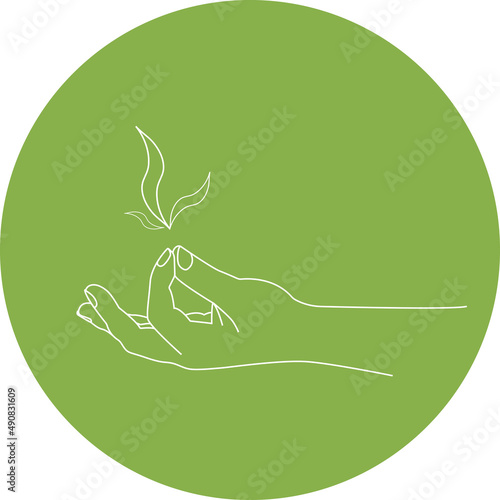 Illustration of green hand,  jnana mudra, zen highlight icon for stories in social media