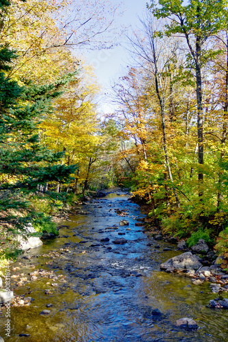 Beautiful Autumn scenery with the colors of Fall surrounding the rapids in a small river and a clear blue sky, HDR rendered photos