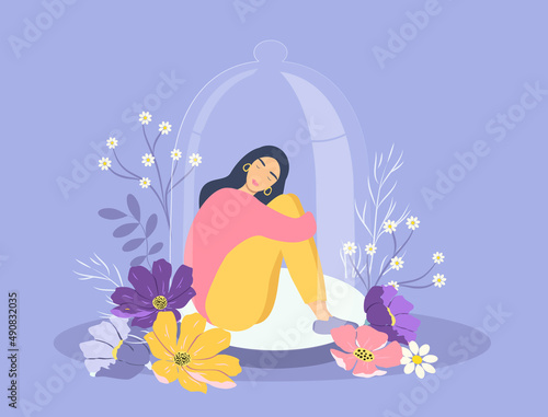 vector hand drawn illustration in flat style on the theme of calmness, peace, safe space. a girl sits hugging her knees under a large glass dome, around - flowers