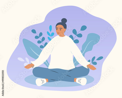 vector hand drawn illustration in flat style on the theme of yoga, tranquility, relaxation. young woman meditating in lotus position