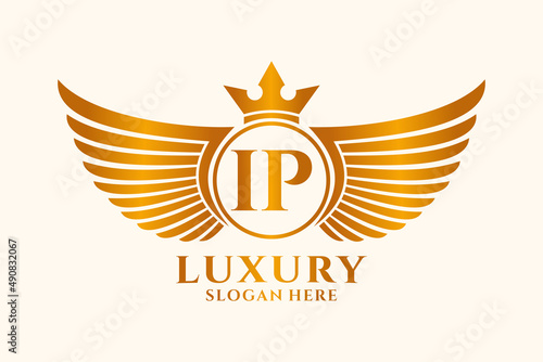 Luxury royal wing Letter IP crest Gold color Logo vector, Victory logo, crest logo, wing logo, vector logo template.