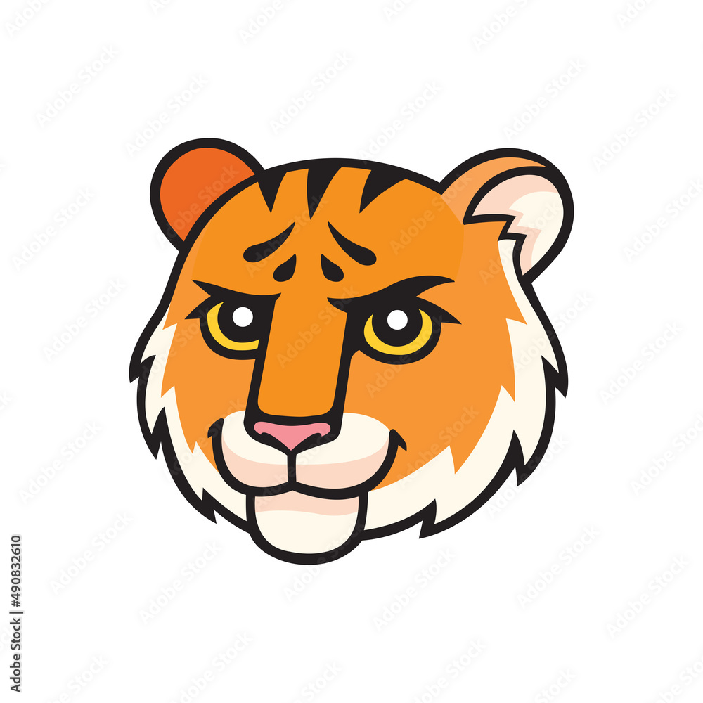 Tiger character head. Vector cartoon comic doodle illustration, mascot, character, icon, logo of tiger. Sly tiger animal face.