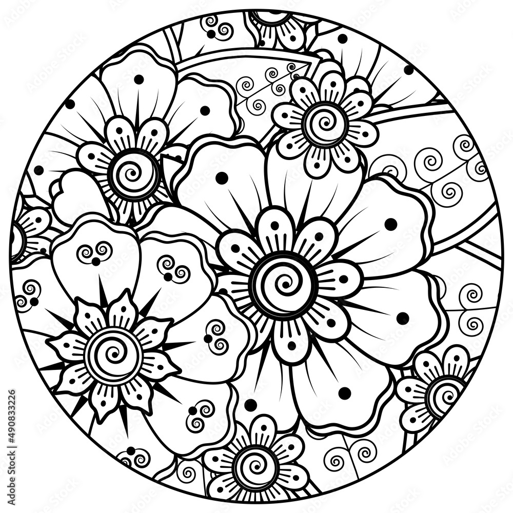 Fototapeta premium Circular pattern in form of mandala for Henna, Mehndi, tattoo, decoration. Coloring book page.