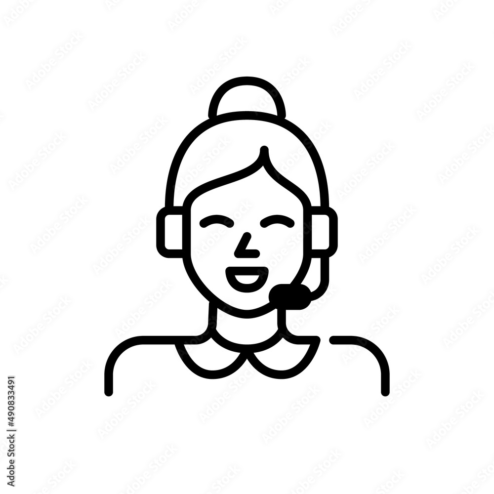 Cute young girl with a headset working at customer support. Pixel perfect, editable stroke icon