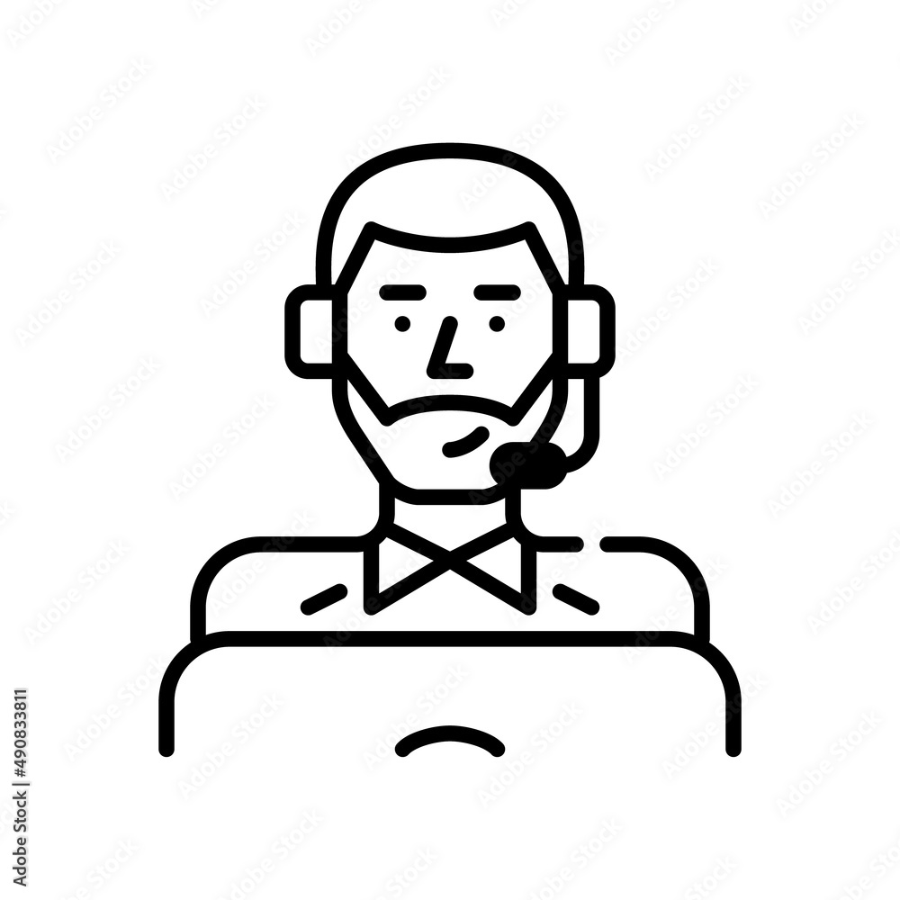 Young professional man wearing headset working as a call center agent. Pixel perfect, editable stroke icon Young professional man wearing headset working as a call center agent. Pixel perfect, editable stroke icon