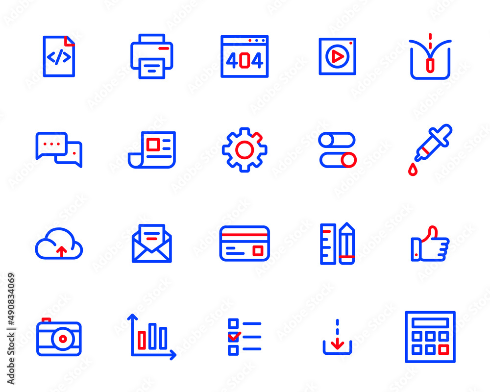 Simple line art two color ui icons set. HTML, print, video file, unzip, chat and others. Pixel perfect, editable stroke icons