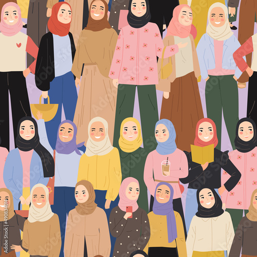 seamless pattern group of hijab girl muslim character crowd people in trendy modest outfit

