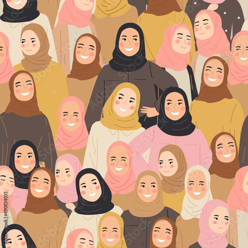 seamless pattern group of hijab girl muslim character crowd people in trendy modest outfit
